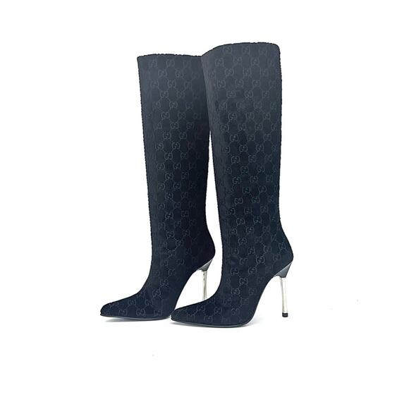 Gucci Shoes - Gucci Tom Ford GG Monogram Velvet Black Knee High Pointed Toe Heeled Boots 6